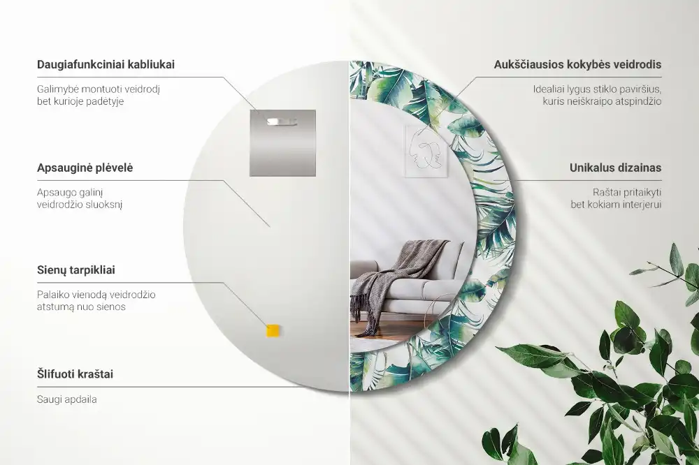Round mirror frame with print Leaves