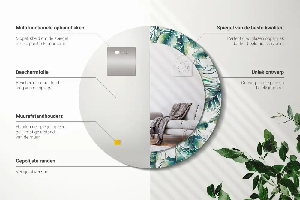 Round mirror frame with print Leaves