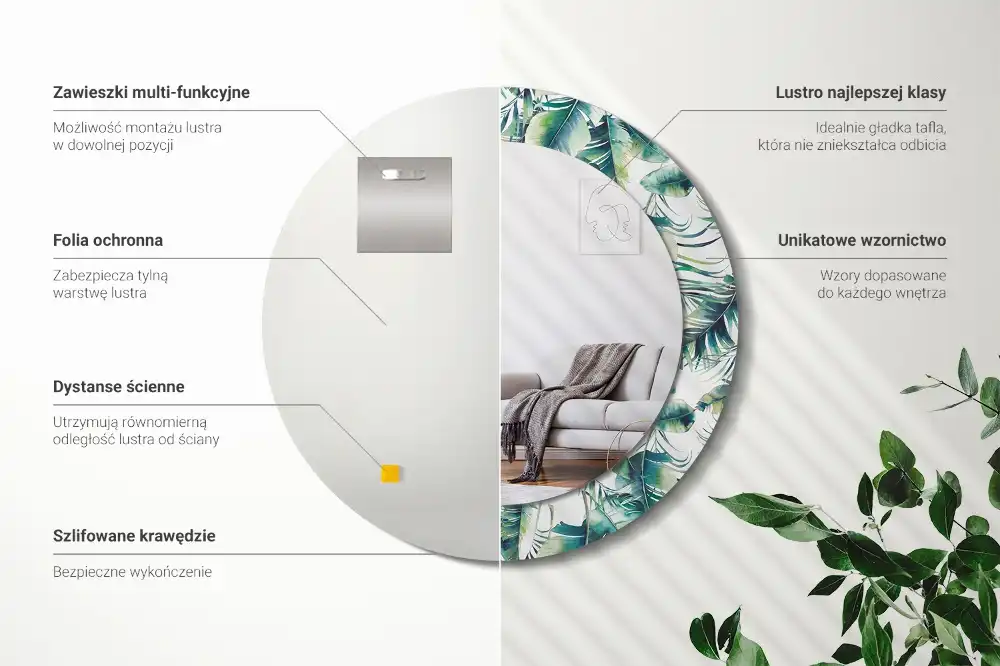 Round mirror frame with print Leaves