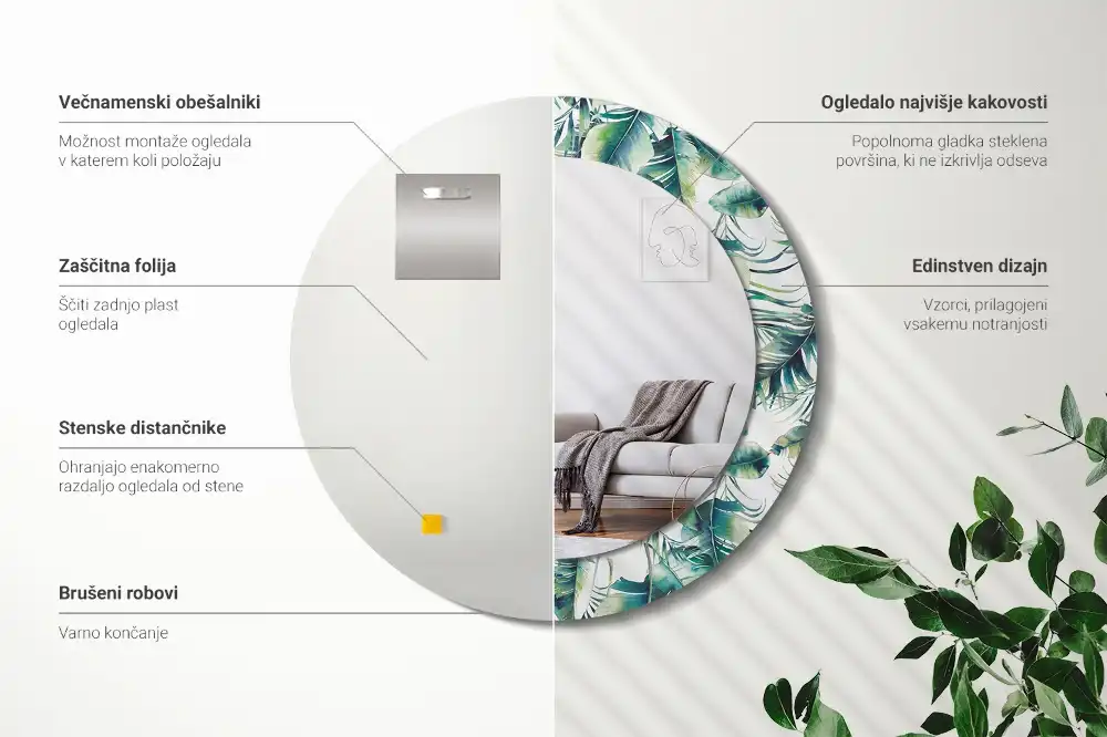 Round mirror frame with print Leaves
