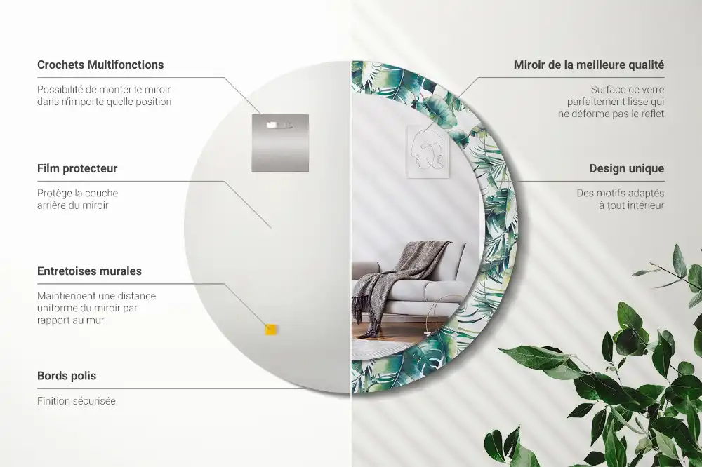 Round mirror frame with print Leaves