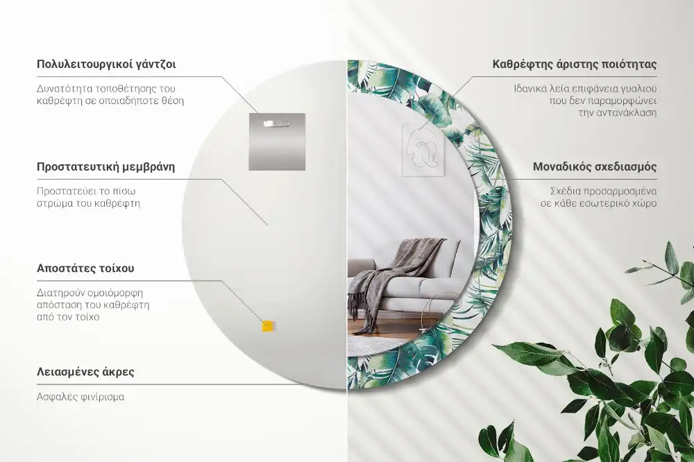 Round mirror frame with print Leaves