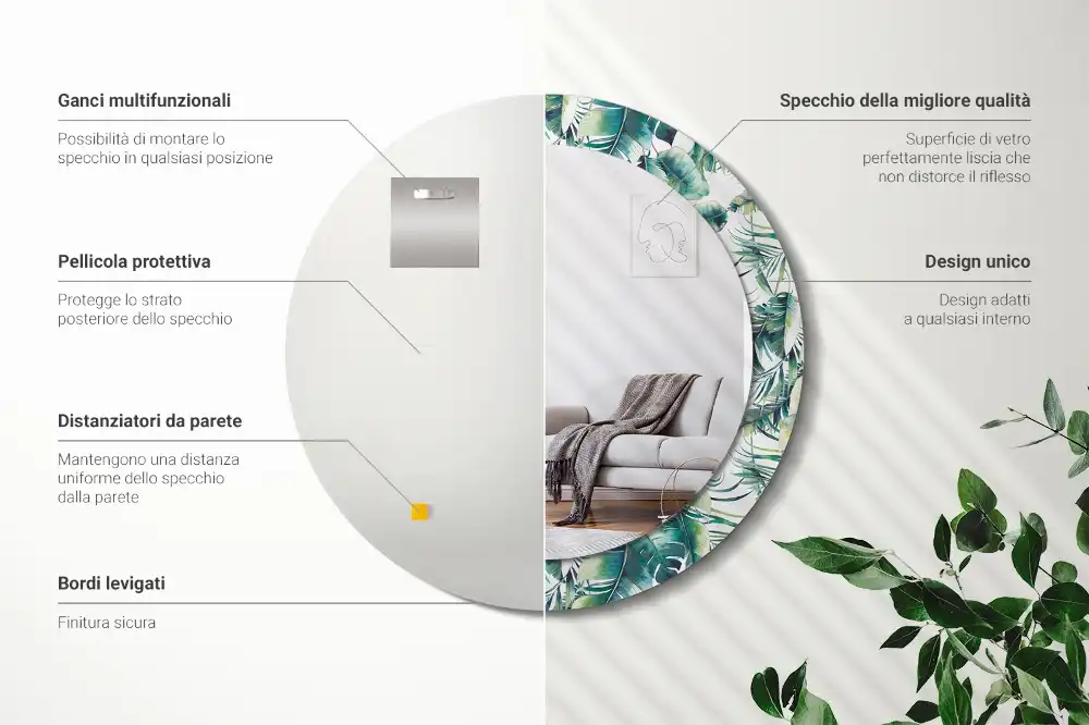 Round mirror frame with print Leaves