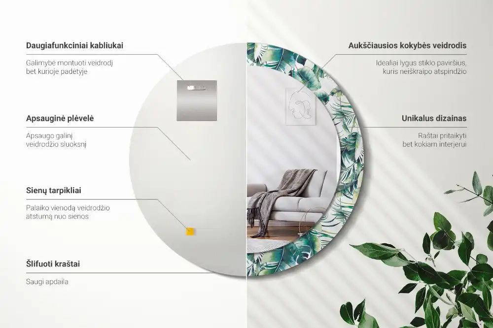 Round mirror frame with print Leaves