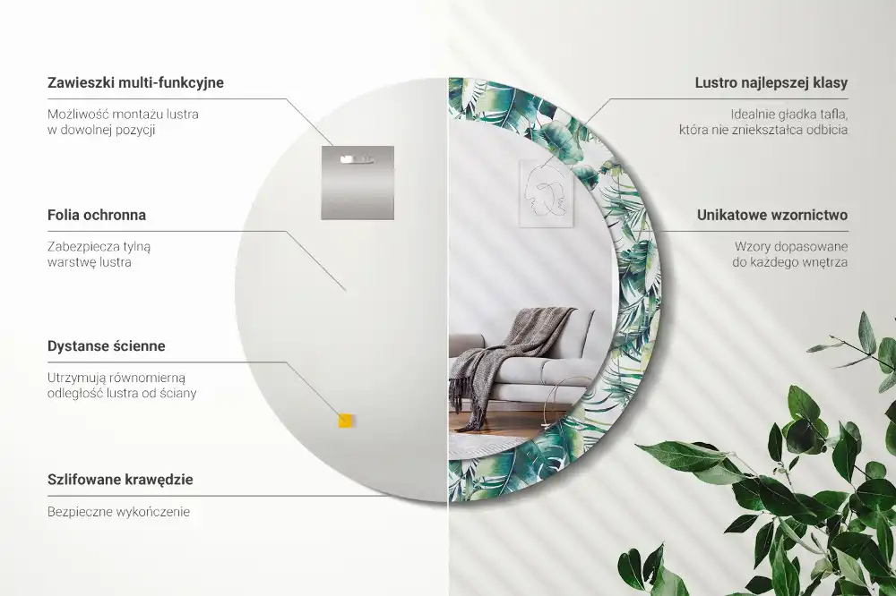 Round mirror frame with print Leaves