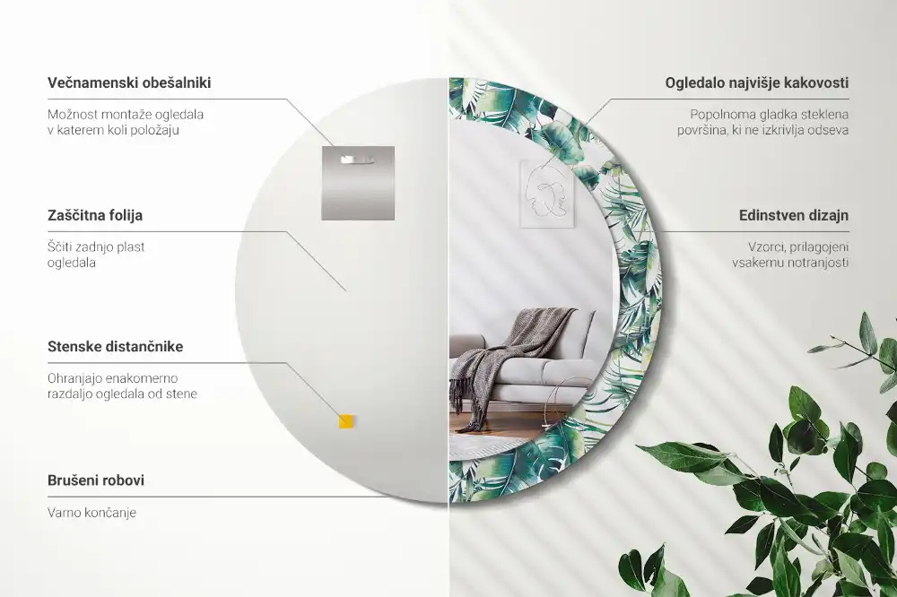 Round mirror frame with print Leaves