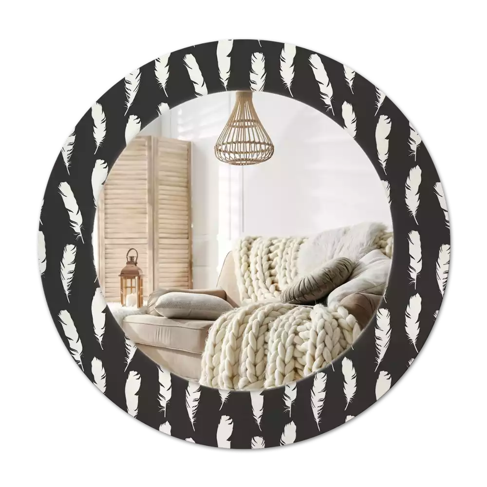 Round mirror frame with print Black and white feathers