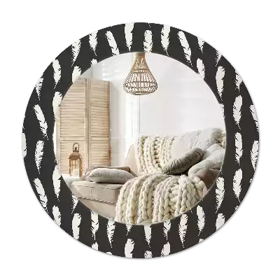 Round mirror frame with print Black and white feathers