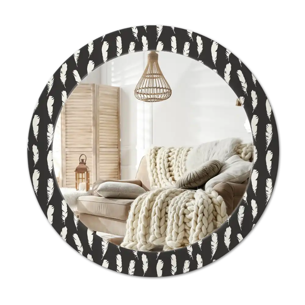 Round mirror frame with print Black and white feathers