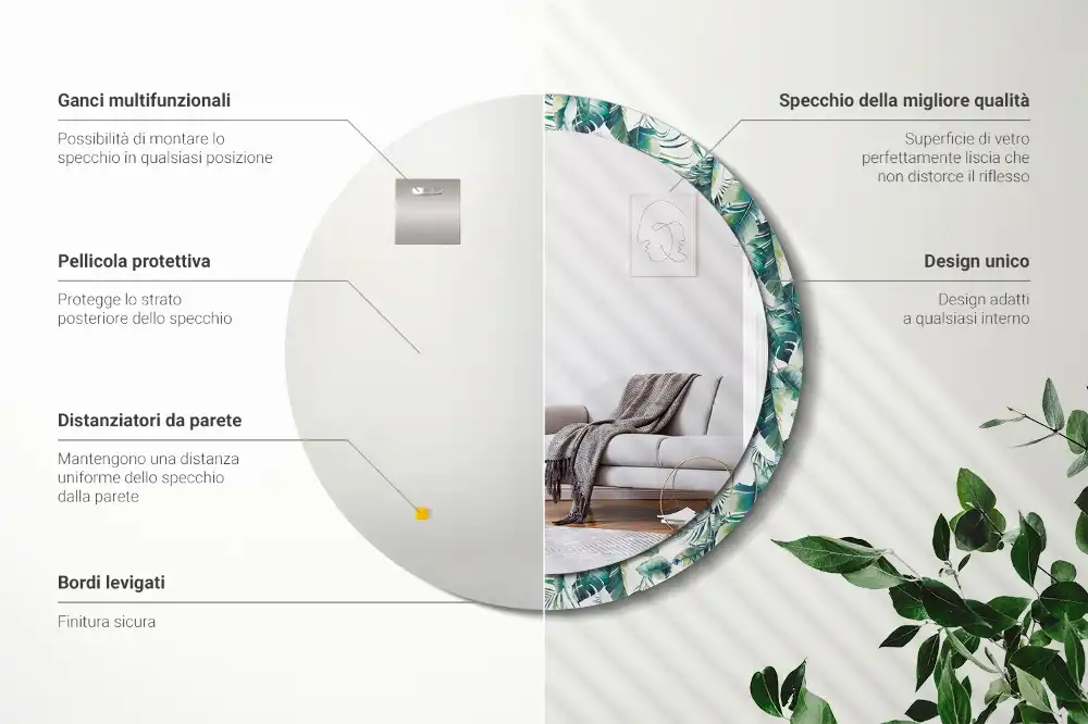 Round mirror frame with print Black and white feathers