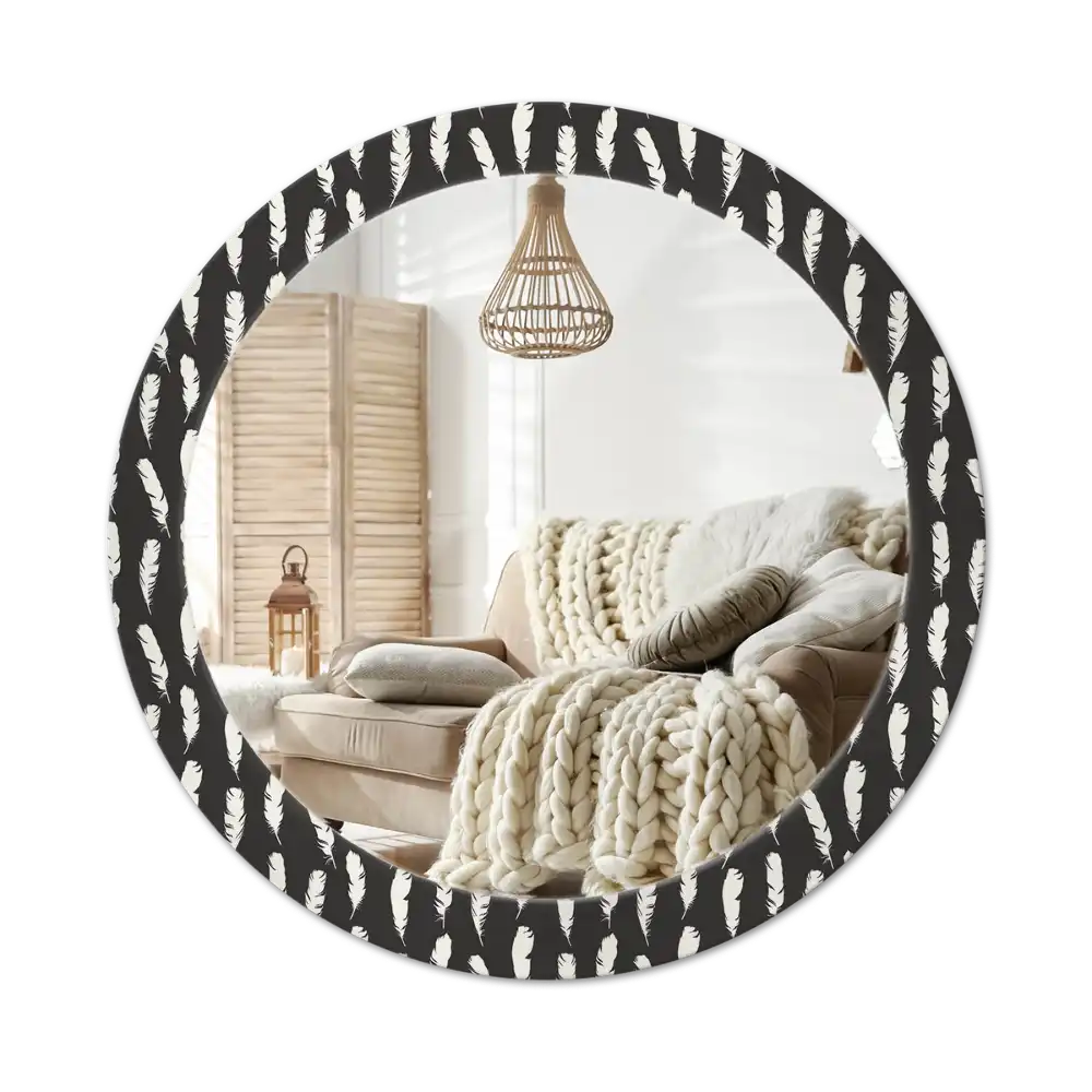 Round mirror frame with print Black and white feathers