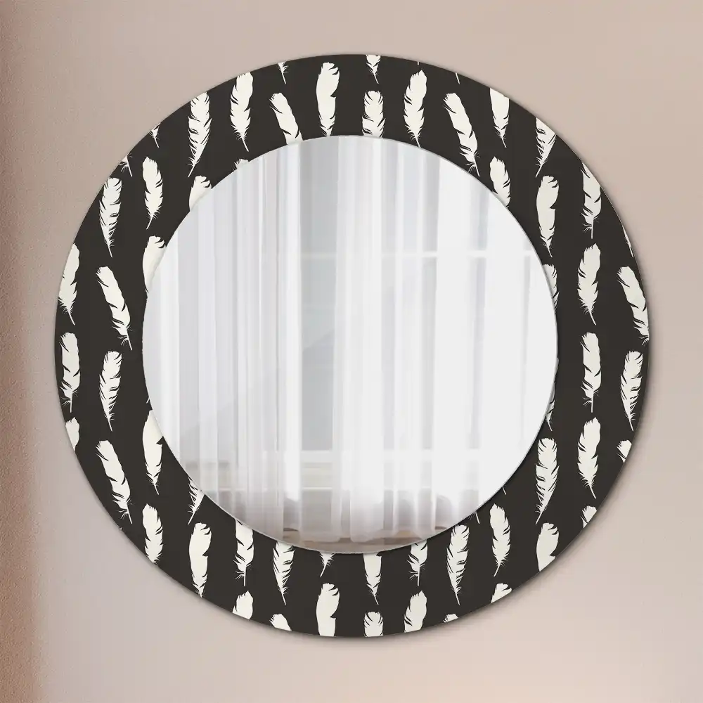 Round mirror frame with print Black and white feathers