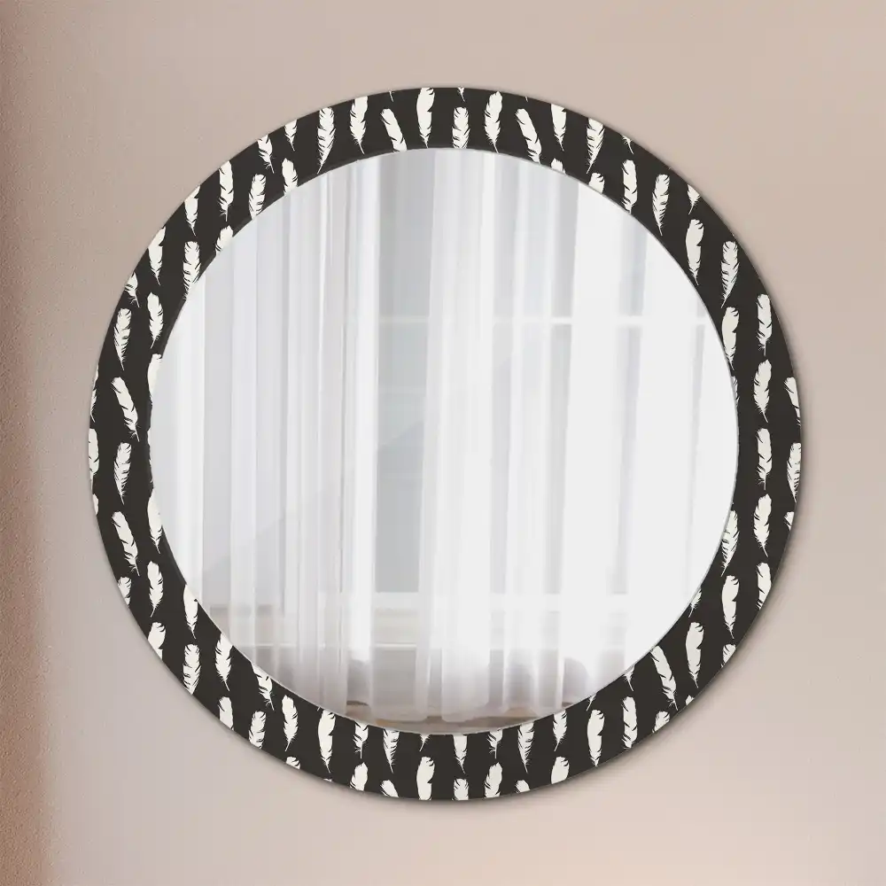 Round mirror frame with print Black and white feathers