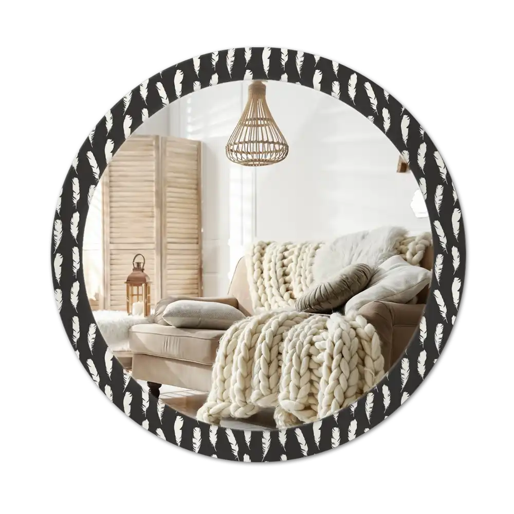 Round mirror frame with print Black and white feathers