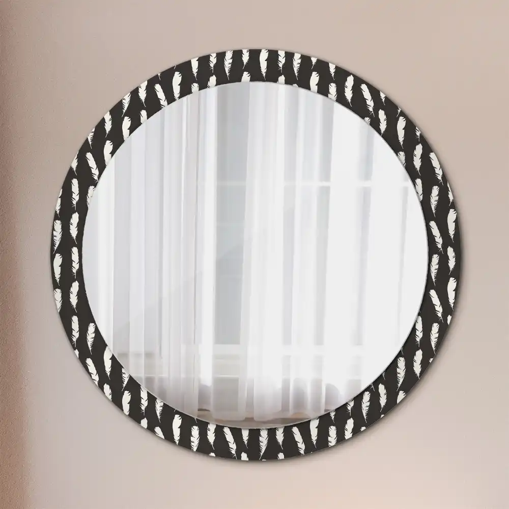 Round mirror frame with print Black and white feathers
