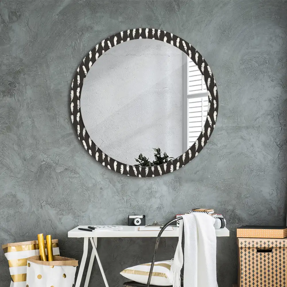Round mirror frame with print Black and white feathers