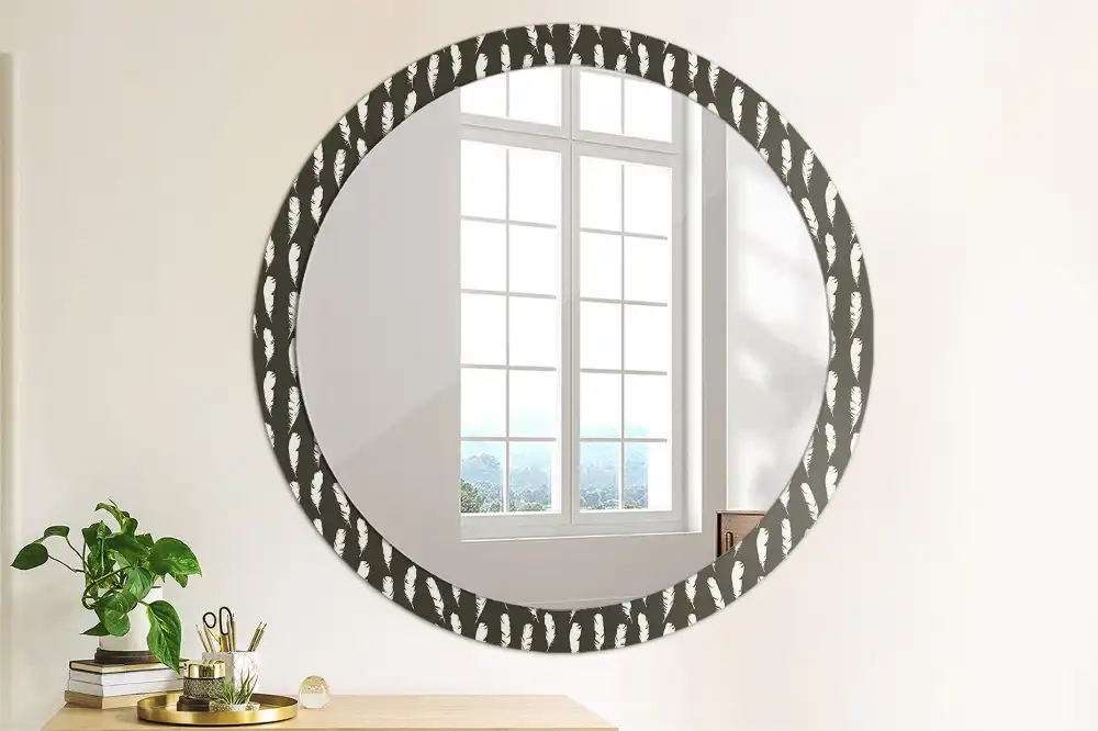 Round mirror frame with print Black and white feathers