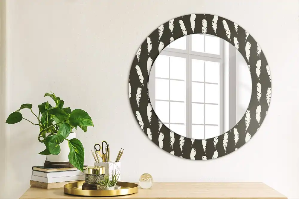 Round mirror frame with print Black and white feathers
