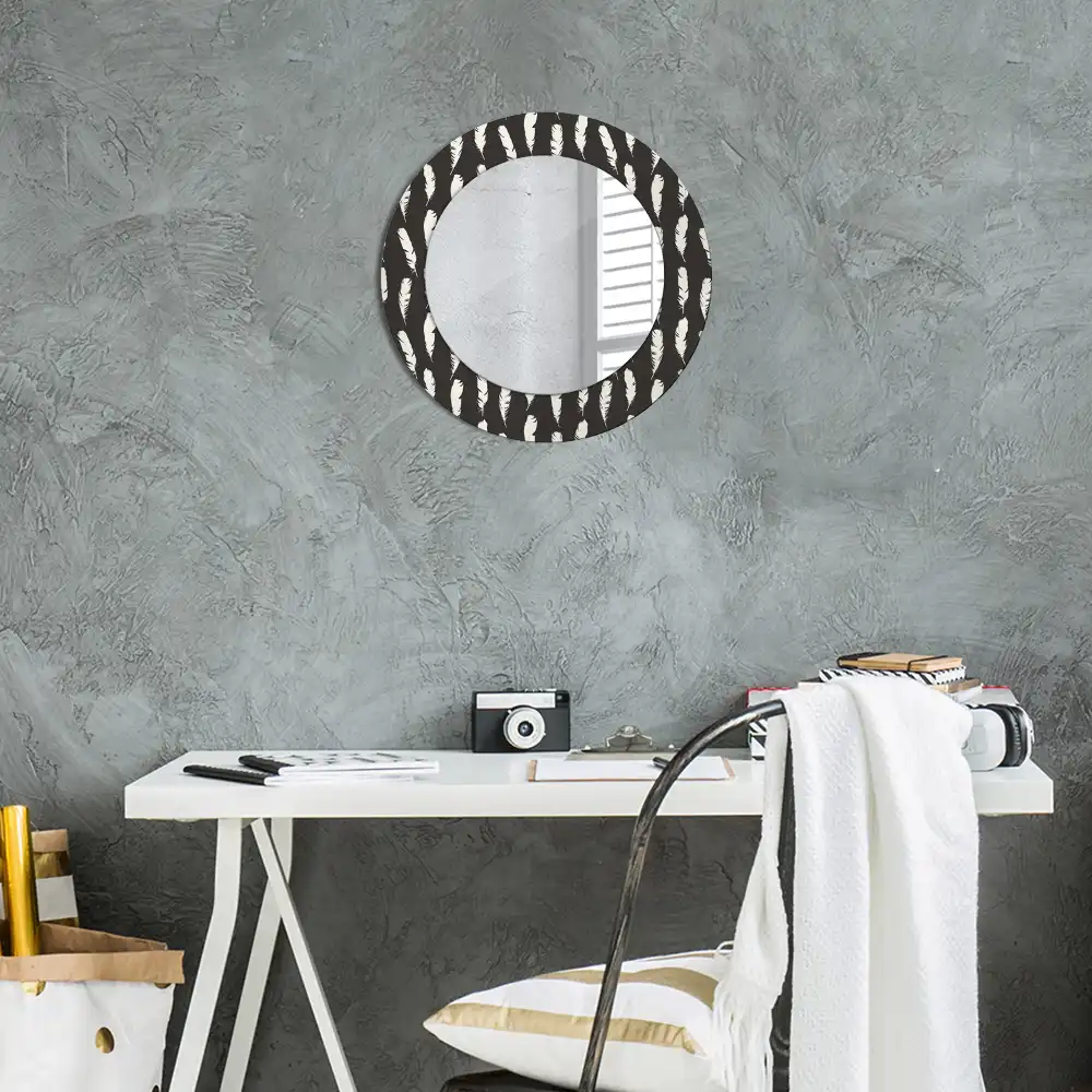 Round mirror frame with print Black and white feathers
