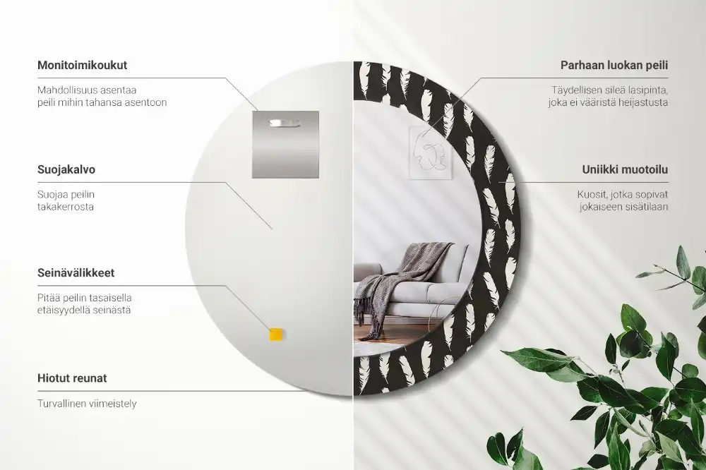 Round mirror frame with print Black and white feathers