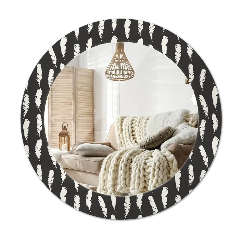 Round mirror frame with print Black and white feathers