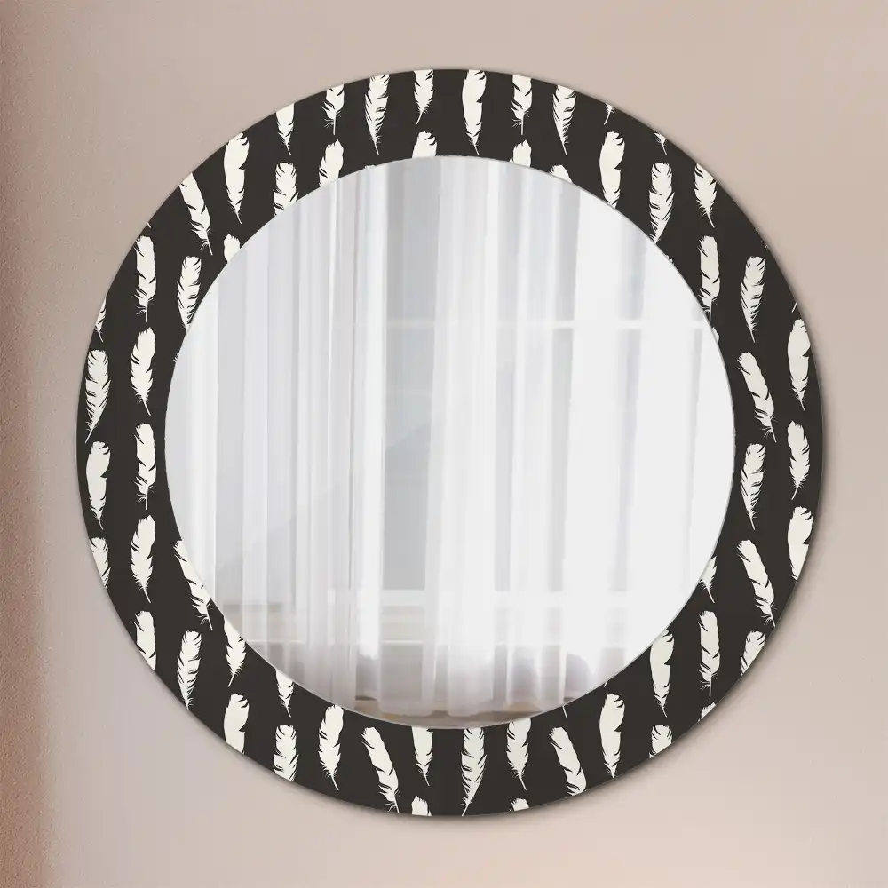Round mirror frame with print Black and white feathers
