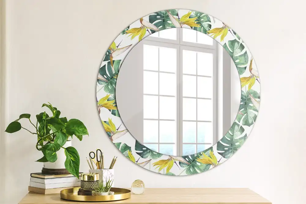 Round wall mirror decor Tropical leaves