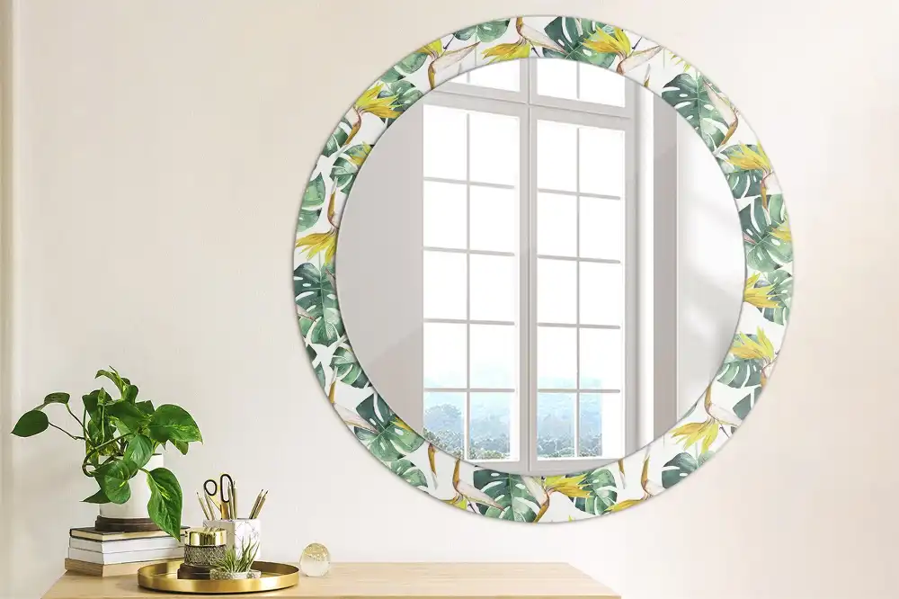 Round wall mirror decor Tropical leaves
