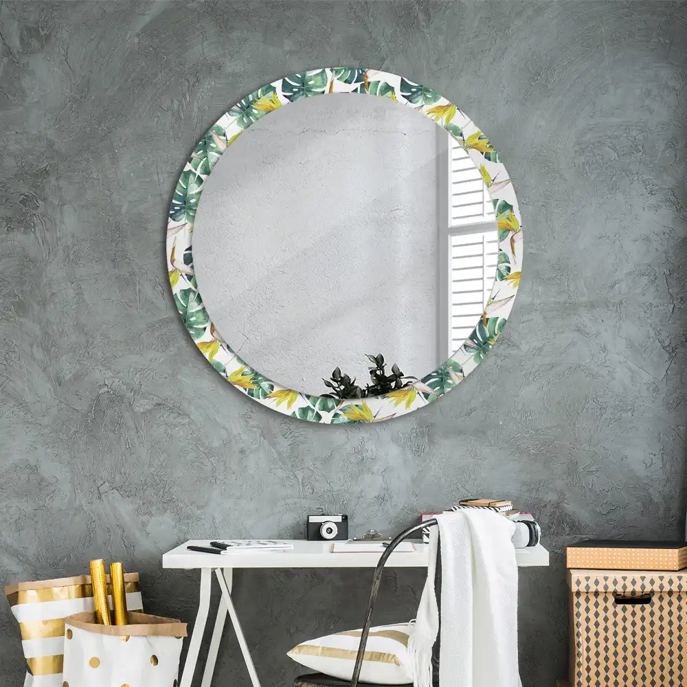 Round wall mirror decor Tropical leaves