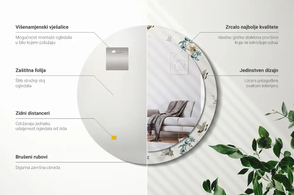 Round printed mirror Chinese birds