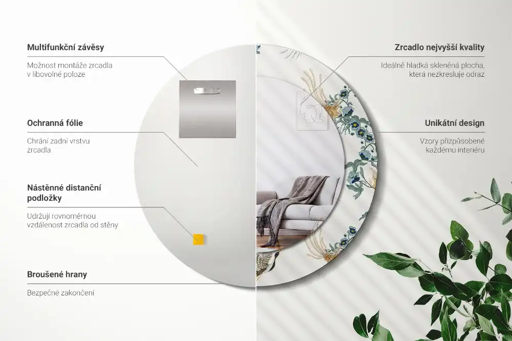 Round printed mirror Chinese birds