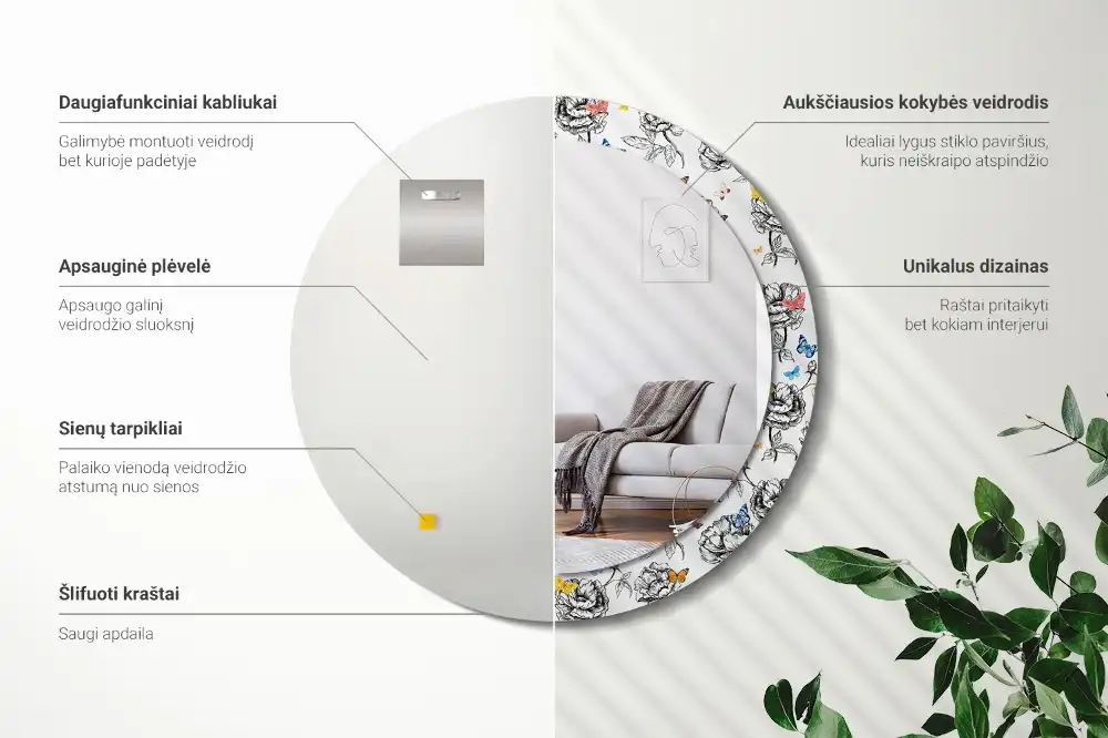 Round mirror frame with print Colorful butterflies