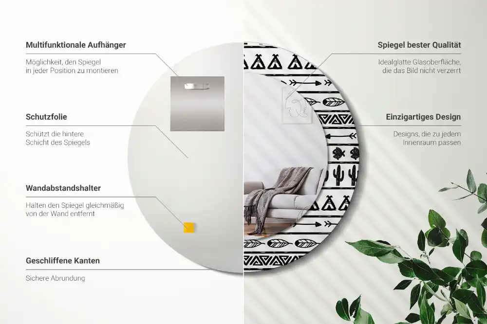 Round mirror frame with print Boho minimalist