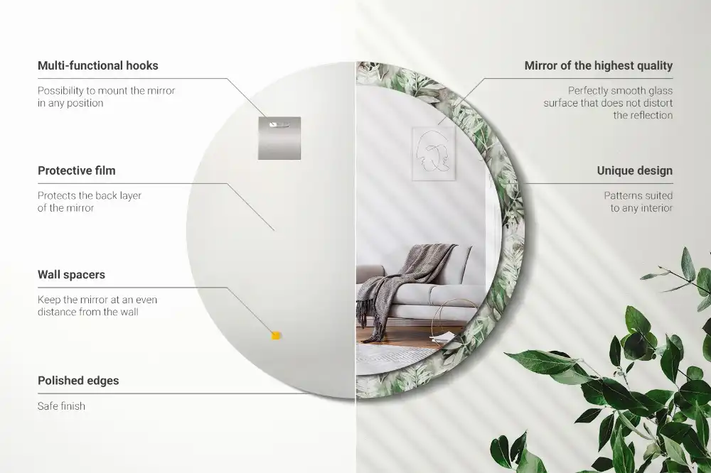 Round mirror frame with print Watercolor leaves