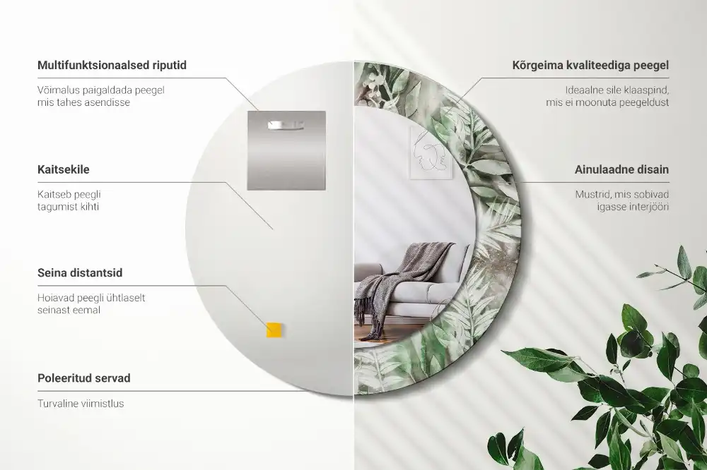 Round mirror frame with print Watercolor leaves