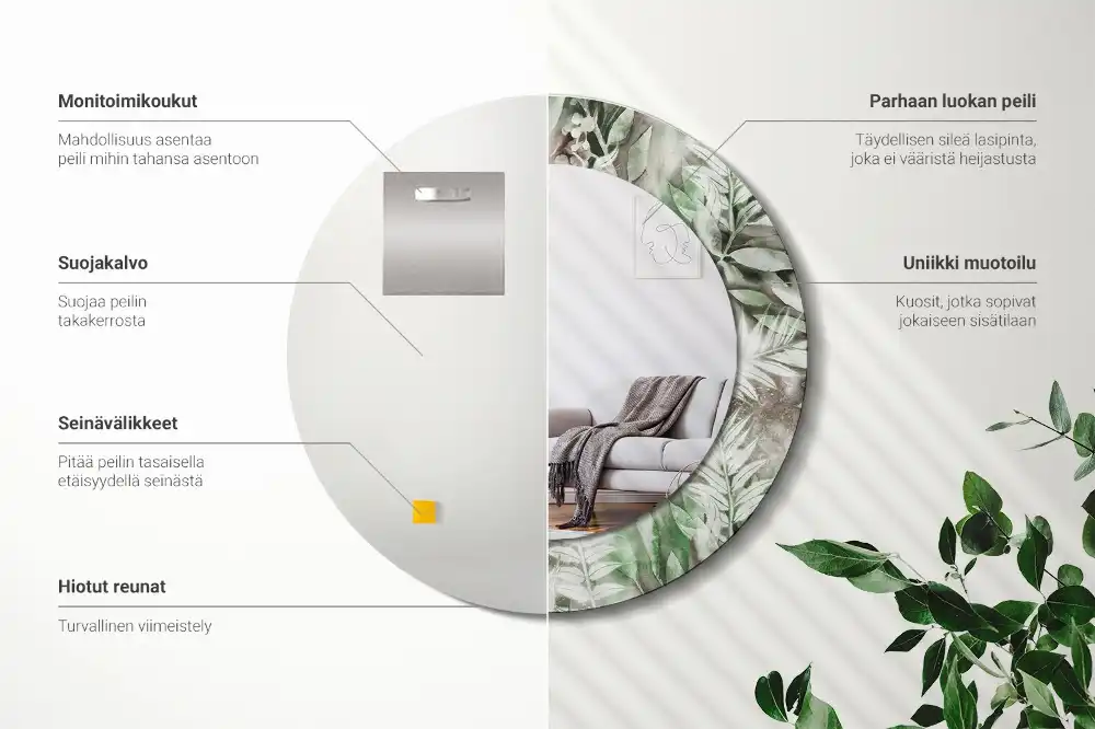 Round mirror frame with print Watercolor leaves