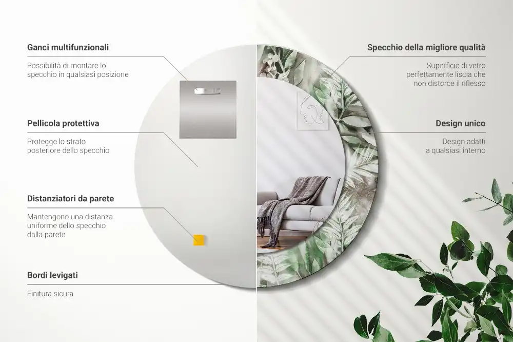 Round mirror frame with print Watercolor leaves