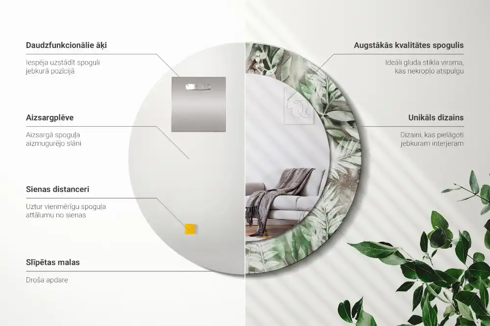 Round mirror frame with print Watercolor leaves
