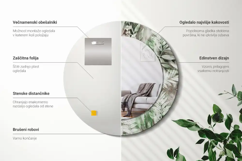Round mirror frame with print Watercolor leaves