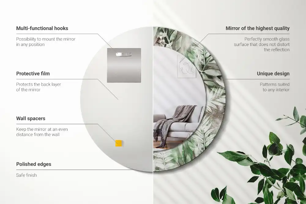 Round mirror frame with print Watercolor leaves