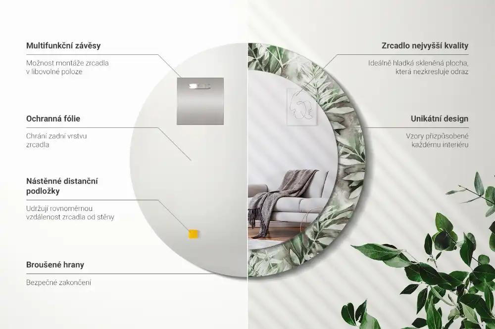 Round mirror frame with print Watercolor leaves