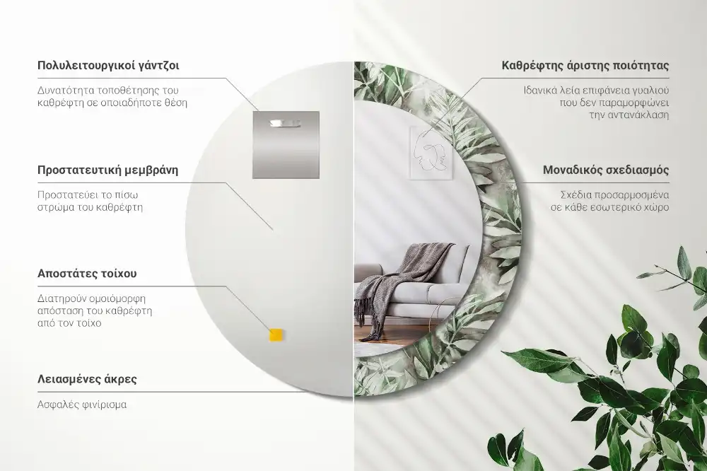 Round mirror frame with print Watercolor leaves