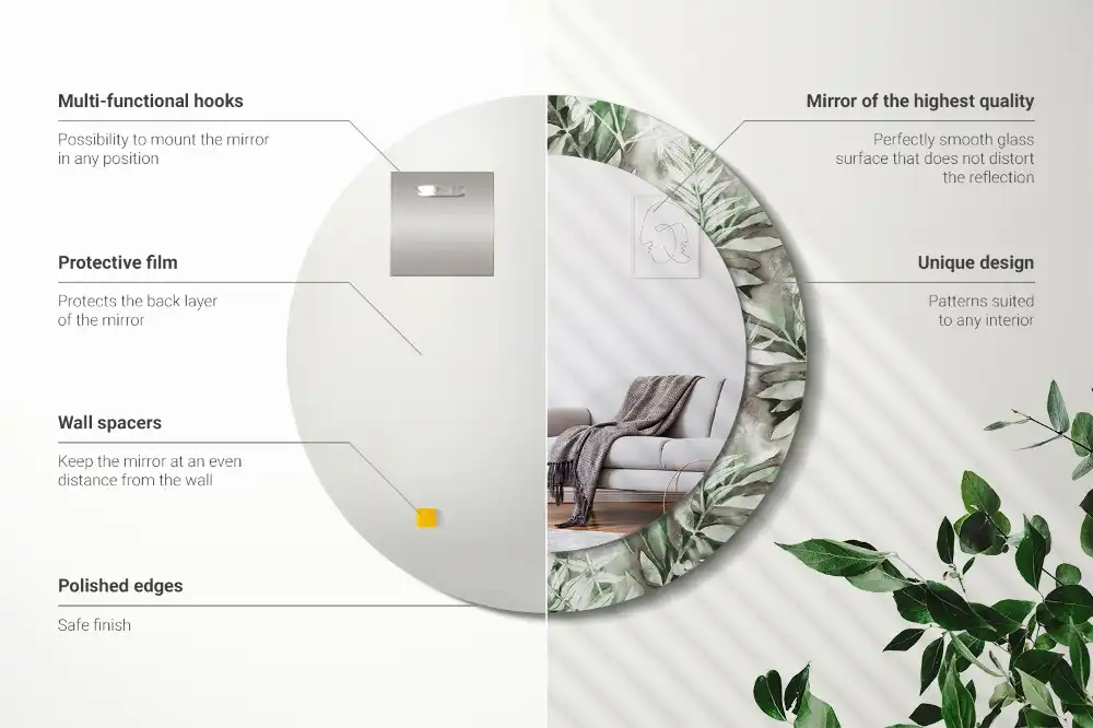Round mirror frame with print Watercolor leaves