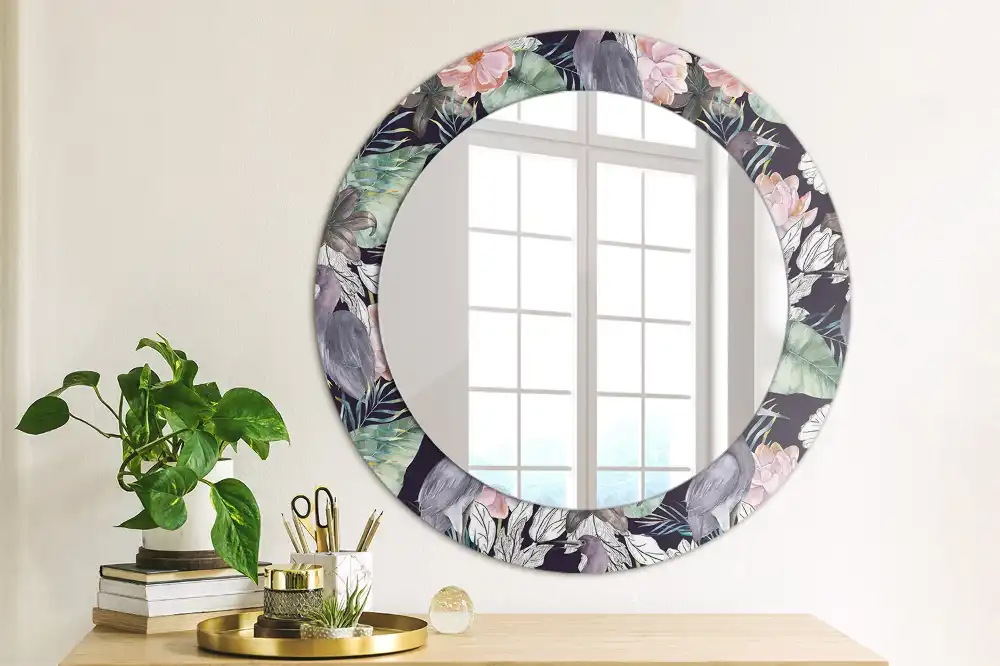 Round printed mirror Herons birds