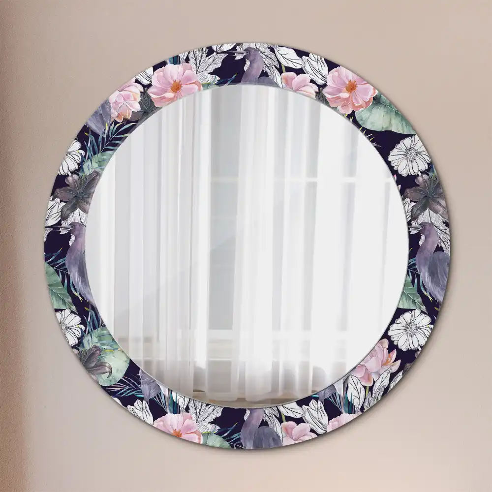 Round printed mirror Herons birds