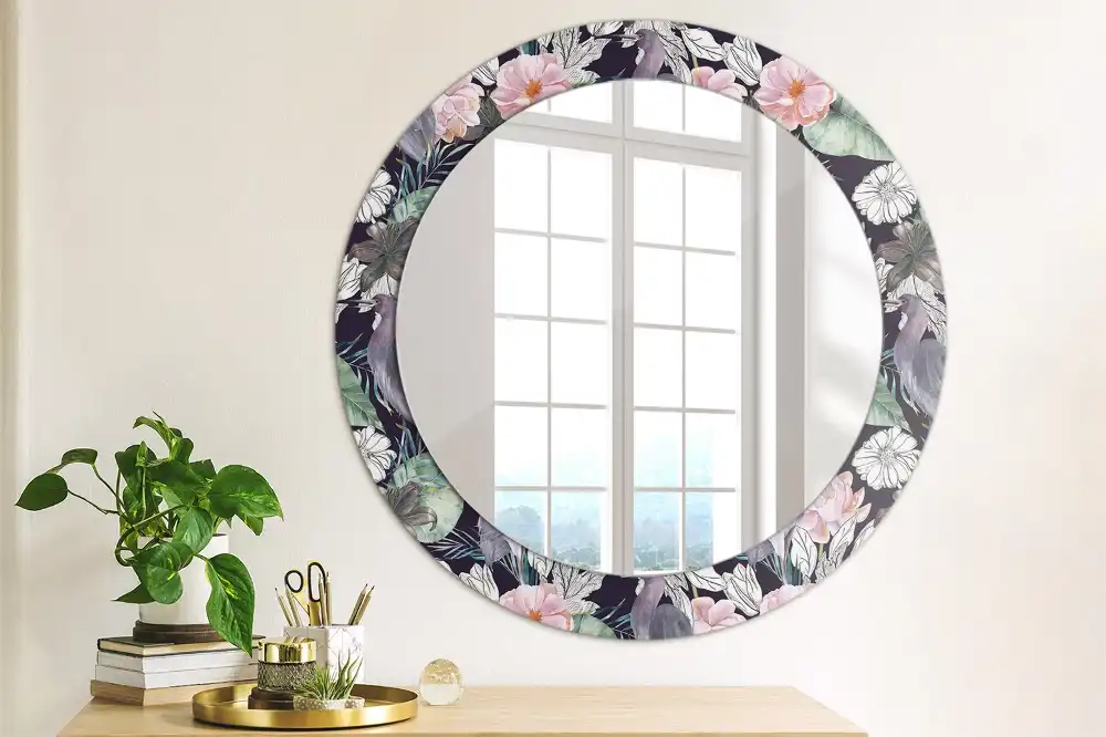 Round printed mirror Herons birds