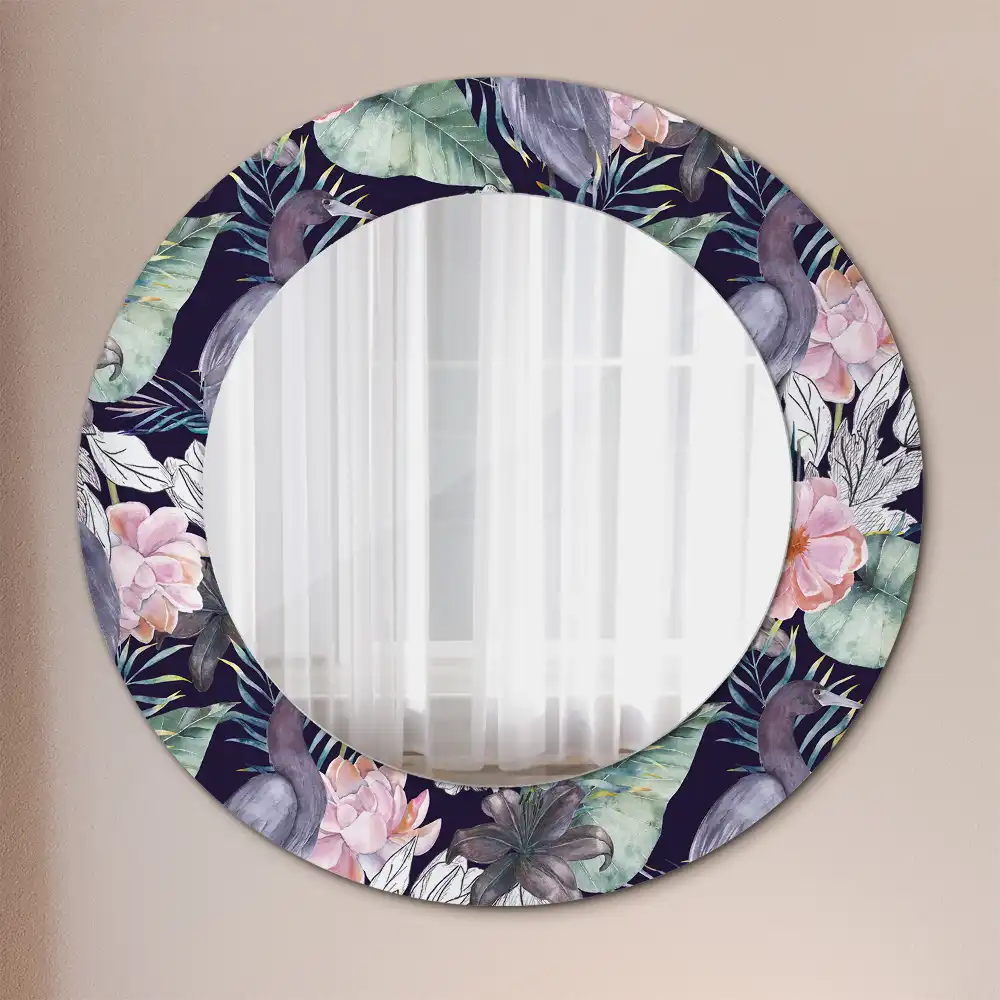 Round printed mirror Herons birds