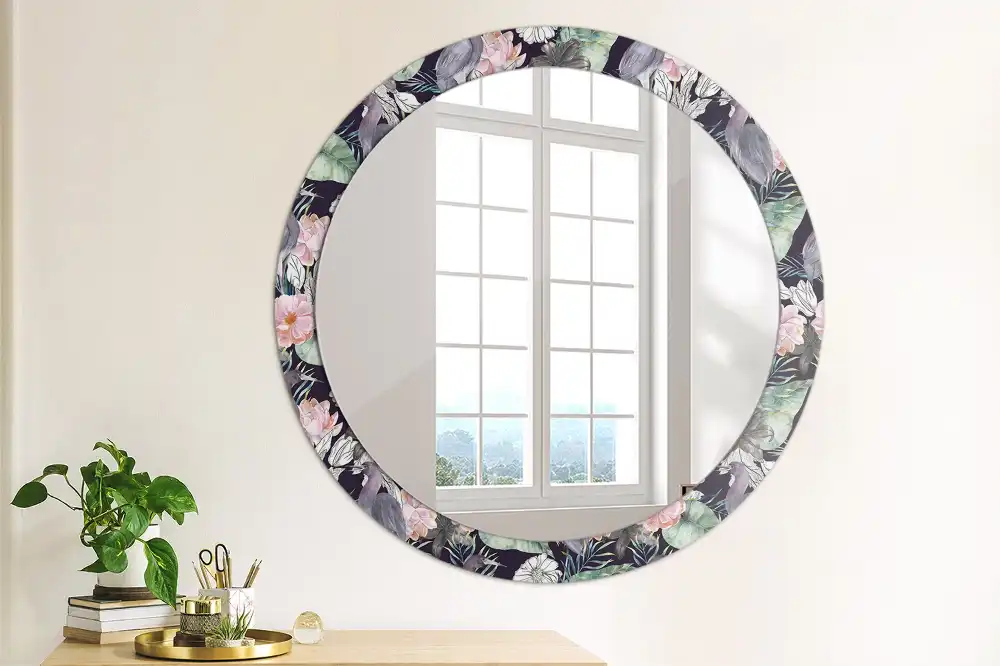 Round printed mirror Herons birds