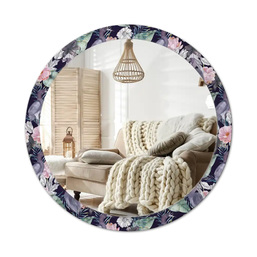 Round printed mirror Herons birds