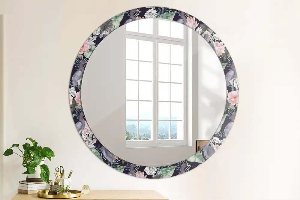 Round printed mirror Herons birds